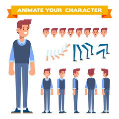 Office worker. Young guy for animation. Front, side, back, 3/4 view. Separate parts of body. Cartoon style, flat vector illustration.