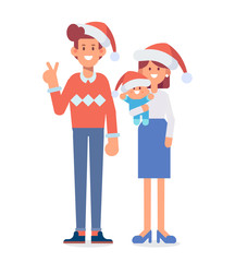 Vector set of characters in a flat style. Happy parents with child in santa hats. Cartoon  vector illustration.