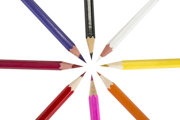 Sharpened colored pencils on the white background