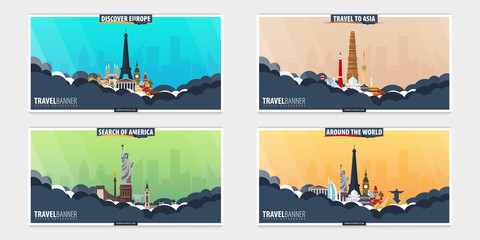 Set of Travel and Tourism banners. Around the World. America, Europe, Asia. Vector flat illustration.