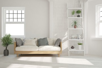 Idea of white minimalist room with sofa. Scandinavian interior design. 3D illustration