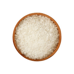 Fototapeta na wymiar Close up wooden bowl full of white salt isolated