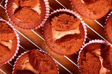 Freshly home baked chocolate cup cakes on a cooling rack