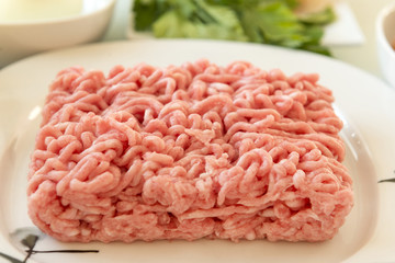 pork minced meat on a plate, ingredients for cooking meat cutlets, food