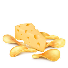 Potato chips and cheese piece vector illustration for product packaging design template. 3D isolated realistic icons of crispy fast food potato chips snack with cheese flavor on white background