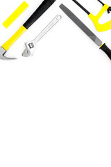 Tools for repair and building. Hummer, file, corner ruler, pilers on white background top view copy space