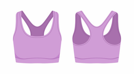 Front and back views of women's purple sport bra on white background