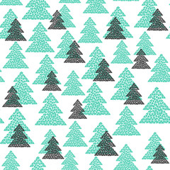 Obraz premium Mosaic seamless pattern of green and black fir and conifer trees. Geometric forest background. Cold northern wood in Scandinavian style. Vector illustration design for Christmas holidays. 