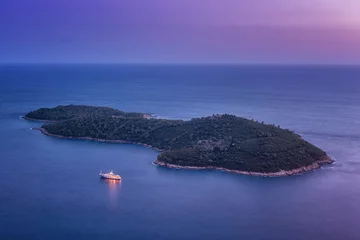 Birds-eye view of island Lokrum near Dubrovnik at night. It is a wild uninhabited island nature reserve, Dalmatia, Croatia