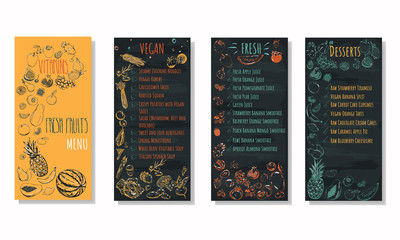 Vegan menu flayers with hand drawn fruits and vegetables collection on blackboard background. Simple menu solution for raw vegan cafe.