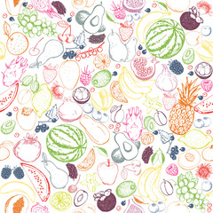 Outline fruits seamless pattern. Exotic fruits and berries seamless background. Healthy food, raw vegan pattern.
