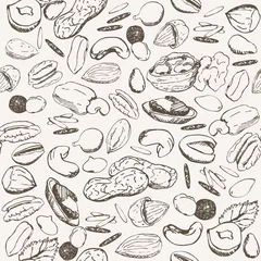 Fotobehang Nut seamless vintage sketch pattern. Hand drawn nuts sketches on white background. © galunga.art
