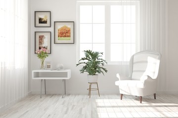 Inspiration of white minimalist room with armchair. Scandinavian interior design. 3D illustration