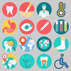 Icon set about Medical with keywords test tubes, surgeon, sprain, wheelchair, thermometer and tooth