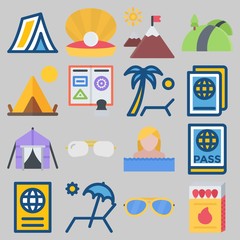 Icon set about Beach And Camping with keywords swimmer, passport, matches, sunbed, road and tent