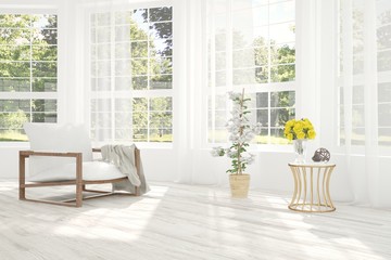 Idea of white room with armchair and summer landscape in window. Scandinavian interior design. 3D illustration