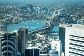 High angle view of panoramic skyline and cityscape of central Sydney.