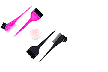 Dye hair in beauty salon. Set of brushes on white background top view space for text