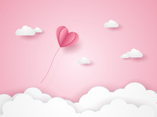 Valentines day , Illustration of love , pink heart balloon flying in the pink sky , paper art style