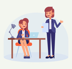 Office worker with lady boss. Female office clerk working at her  desk. Flat style, vector illustration.
