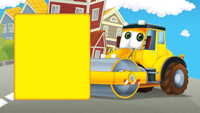 Cartoon road roller truck in the city - with space for text - illustration for children