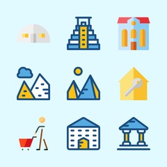 Icons about Construction with pyramids, real estate, store house, hotel, pyramid and shopping