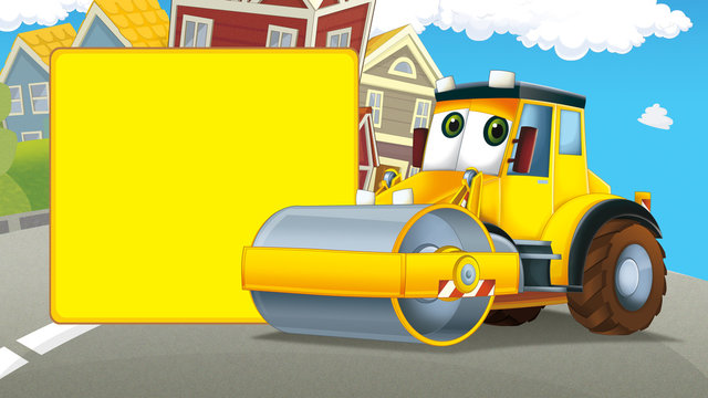 Cartoon road roller truck in the city - with space for text - illustration for children