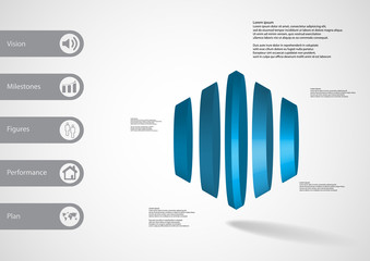 3D illustration infographic template with round hexagon vertically divided to five parts
