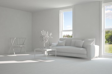 Idea of white room with sofa and summer landscape in window. Scandinavian interior design. 3D illustration