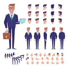 Front, side, back view animated character. Business man character creation set with various views, hairstyles, poses and gestures. Cartoon style, flat vector illustration.
