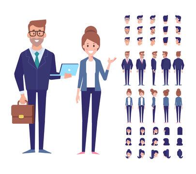 Vector character set for animation.Business people - man and woman. Front, side, back view animated characters. 