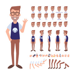 ront, side, back view animated character. Geek character creation set with various views, face emotions, poses and gestures. Cartoon style, flat vector illustration. - obrazy, fototapety, plakaty