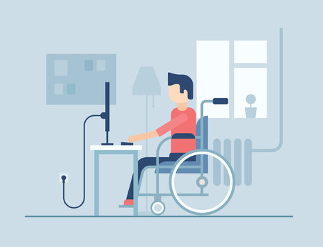 Disabled Man Working At Home - Flat Design Style Illustration