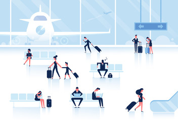 Obraz premium People sitting and walking in airport terminal. Infographics elements. Business travel concept. Flat vector background.