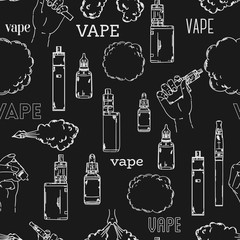 Seamless pattern with electronic cigarette, liquid and cloud of steam on chalkboard background. Vape collection. Vector illustration