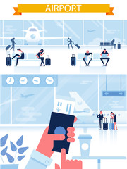 Man with passport and boarding pass waiting flight inside of airport. Infographics elements. Travel Concept. Flat Vector Illustration.