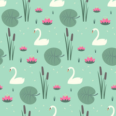 Fototapeta premium White swans, water lily, bulrush and leaves seamless pattern on mint green background. Cute lake life art background. Fashion design for fabric, wallpaper, textile and decor.