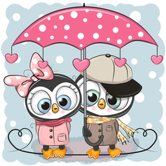 Obraz premium Two Cute Penguins with umbrella under the rain