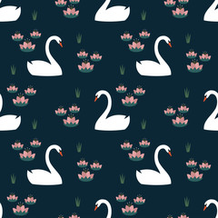 White swans and water lily trendy seamless pattern on dark blue background. Night lake art background. Fashion design for fabric, wallpaper, textile and decor.