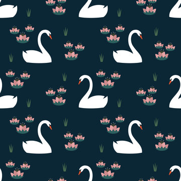 White swans and water lily trendy seamless pattern on dark blue background. Night lake art background. Fashion design for fabric, wallpaper, textile and decor.