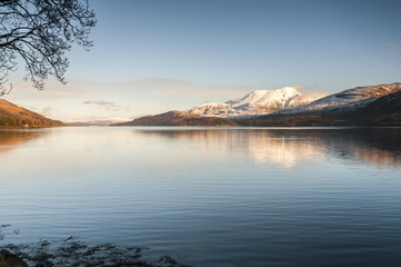 Loch Linnhe / Ben Nevis "The Ben" near Fort William, Lochaber, Scotland, covered in snow with a cloud necklace. 28 December 2017.