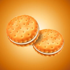 Detailed sandwich cookies or crackers with cream filling. Easy to use in design. Food and sweets, baking and cooking theme. Vector realistic 3d illustration.