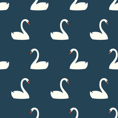 Cute white swan seamless pattern on blue background. Simple birds vector illustration. Design for textile, fabric, decor.
