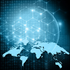 World map on a technological background, glowing lines symbols of the Internet, radio, television, mobile and satellite communications.