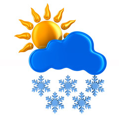 sun and cloud and snowflake on white background. Isolated 3D illustration