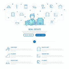 Real estate concept: realtor showing apartment house and thin line icons:  bedroom, keys, elevator, swimming pool, bathroom, facilities. Modern vector illustration, web page template.