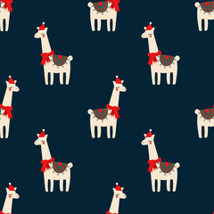 Cute lama with xmas hat seamless pattern on dark blue background. Vector baby animal illustration for kids. Child drawing style lama. Design for fabric, wallpaper, textile and decor.