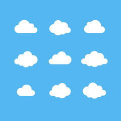 Cloud vector icon set. White Cloud shape on blue sky. Technology Save share data information concept. Design Logo, mobile app, website social media, UI, EPS, Flat sign isolated on white.