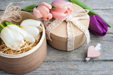Pink white tulip flowers and craft gifts
