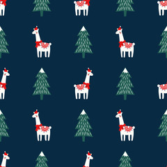 Christmas tree and cute lama with xmas hat seamless pattern on dark blue background. Vector xmas illustration for kids. Design for fabric, wallpaper, textile, wrapping paper and decor. - 191526568